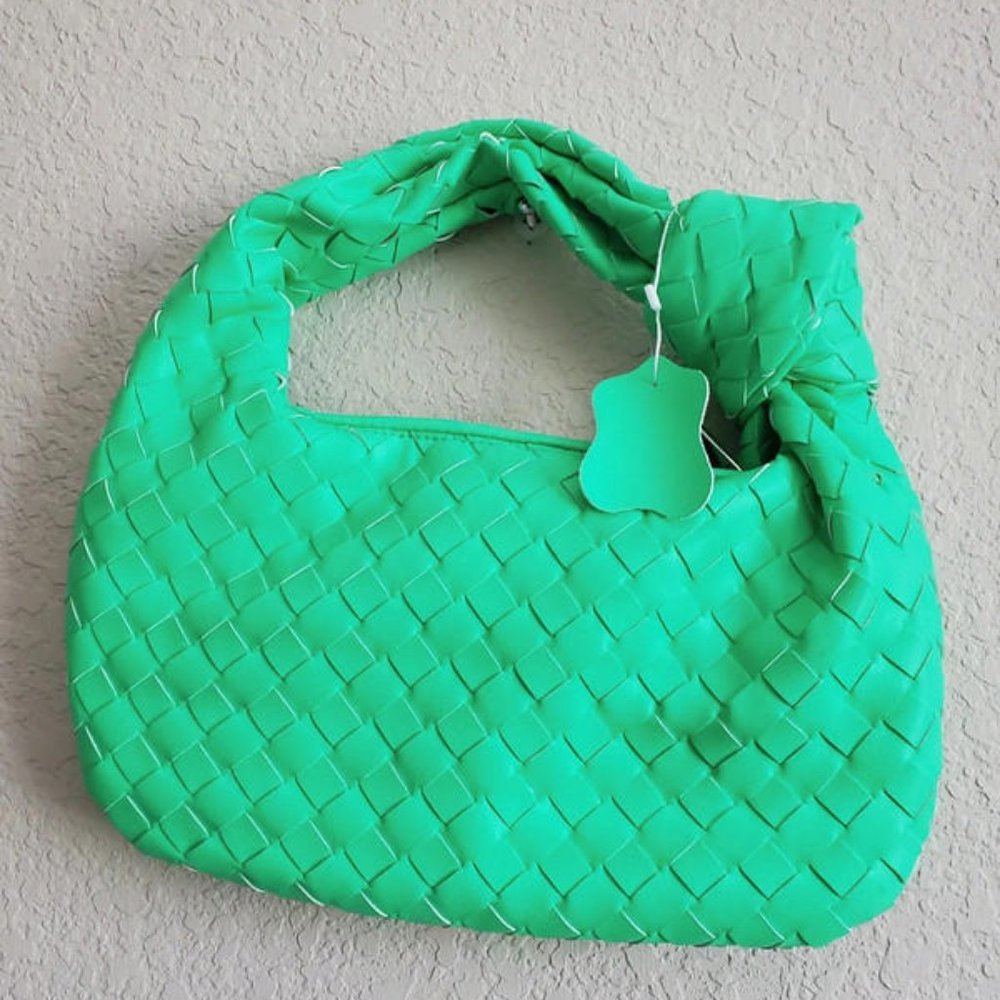 Bright green woven knot handbag